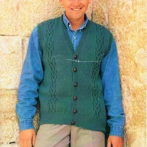 mens cable waistcoat knitting pattern pdf DK mens v neck vest gilet 32-46&quot; DK light worsted 8ply pdf instant download
