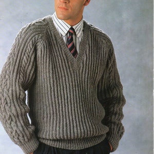 mens rib cable sweater knitting pattern pdf download DK mans ribbed cable v neck jumper 38-46 inch DK light worsted 8ply Instant Download