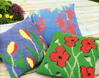 flower cushion knitting pattern pdf poppy tulip honeysuckle cushion covers 40cm square DK light worsted 8ply pdf instant download