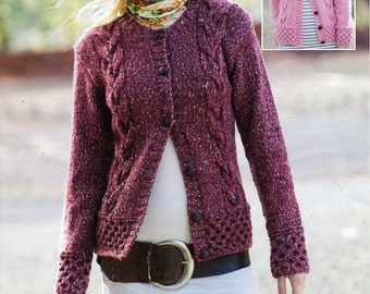 Womens Aran Cardigan Womens knitting pattern PDF Download Womens Aran Jacket with collar Round Neck Larger Sizes 32-54" Aran Worsted 10 Ply