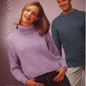 womens mens sweater knitting pattern pdf ladies cable rib jumper polo neck round neck 30-48&quot; DK light worsted 8ply pdf instant download