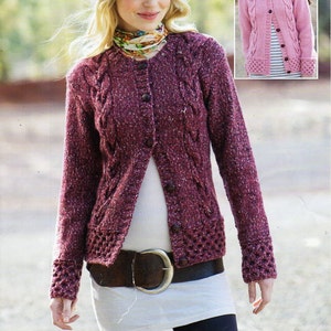 Womens Aran Cardigan Womens knitting pattern PDF Download Womens Aran Jacket with collar Round Neck Larger Sizes 32-54&quot; Aran Worsted 10 Ply