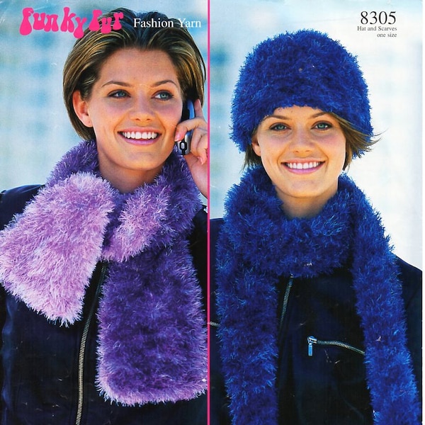 womens furry hat scarf set knitting pattern pdf DK Eyelash yarn ladies fur cap scarves womens knitting pattern pdf Instant download