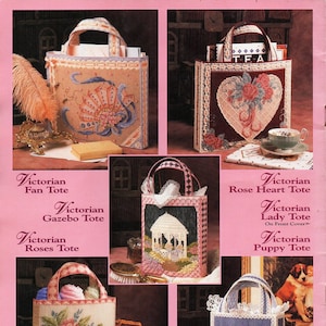 vintage plastic canvas pattern pdf Victorian tote bag 6 designs colour coded cross stitch embroidery 8x2.75x9.5 inch pdf instant download
