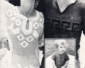 vintage filet crochet top crochet pattern pdf womens mens childs filet crochet shirt sweater 22-26" 32-42" thread crochet instant download