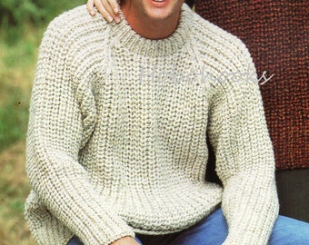 Womens Mens knitting pattern fishermans rib sweater crew neck jumper 30-52 inch larger sizes super chunky yarn unisex PDF instant download