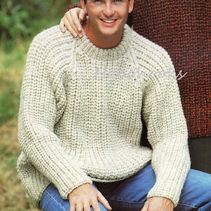 Womens Mens knitting pattern fishermans rib sweater crew neck jumper 30-52 inch larger sizes super chunky yarn unisex PDF instant download