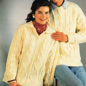 womens mens aran sweater knitting pattern pdf ladies cable jumper with collar 34-44 inch Aran worsted 10 ply PDF Instant Download