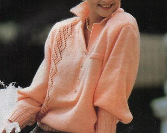 womens sweater with collar knitting pattern pdf lacy panel polo shirt 33-40 inch DK light worsted 8ply PDF instant download
