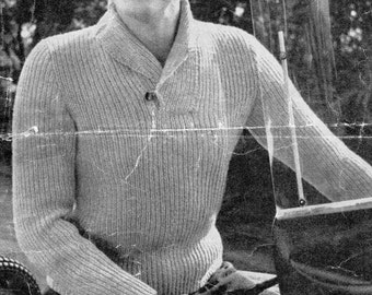 vintage mens shawl collar sweater knitting pattern pdf mens rib roll neck jumper 40 inch DK light worsted 8ply pdf instant download