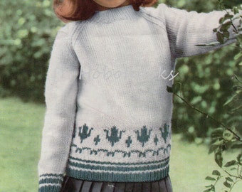 vintage childrens fair isle sweater knitting pattern pdf girls flower fair isle border jumper 22-30" DK light worsted 8ply instant download