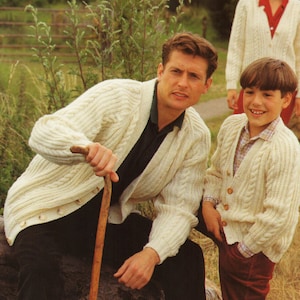 family aran cardigan knitting pattern pdf womens mens childrens cable jacket 26-44&quot; aran worsted 10 ply pdf instant download