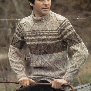 vintage mens aran sweater knitting pattern pdf mans cable jumper crew neck 36 to 44 inch  aran worsted 10ply pdf instant download