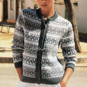 womens fair isle cardigan knitting pattern pdf ladies round neck fairisle cardigan 32-38&quot; DK light worsted 8ply pdf instant download