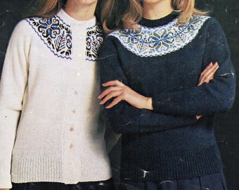 womens fair isle sweater & cardigan knitting pattern 1970s fair isle yoke 34-40 inch 4 ply womens knitting patterns pdf instant download