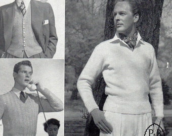 Vintage Mens Knit Sweater Pattern: Polo Neck, Vest (38-42 inch) (PDF Pattern)