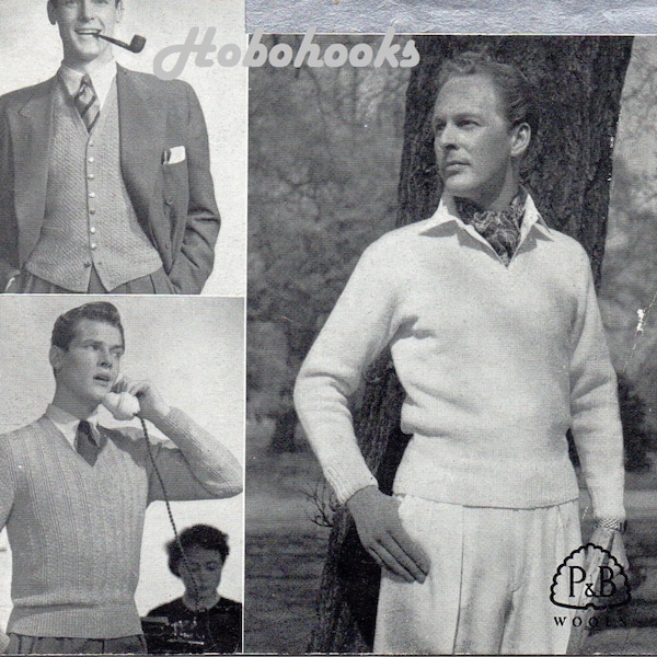 Vintage mens sweaters slipover waistcoat knitting pattern PDF Polo neck jumper pullover suit vest 3Ply 4Ply DK 38-42inch instant download