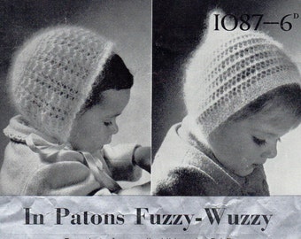 May include: Four black and white photos of children wearing crocheted hats. The hats are made with a fuzzy yarn and have a simple design. The photos are from a vintage knitting pattern book.