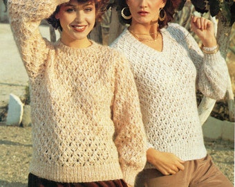 Vintage Lacy Sweater Knitting Pattern, Chunky Bulky Yarn (PDF Download)