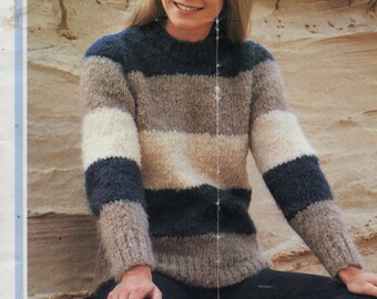 vintage womens sweater knitting pattern pdf ladies chunky striped jumper 32-38" chunky bulky pdf instant download