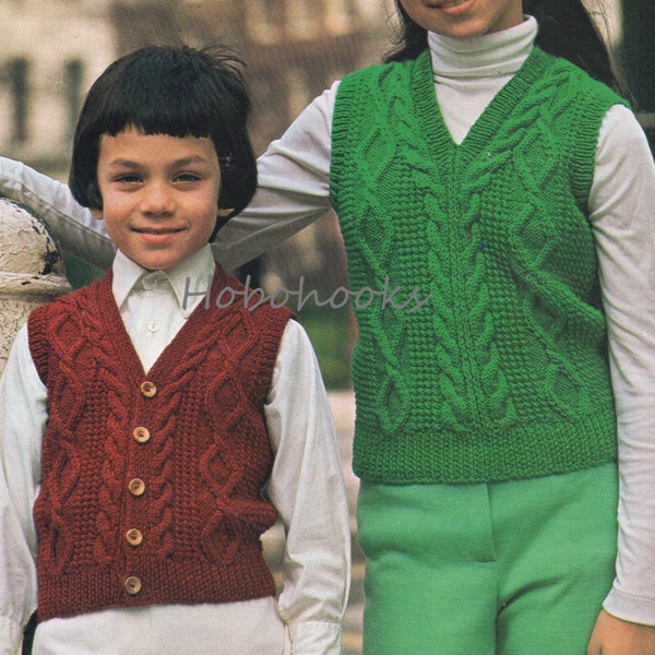 childrens aran waistcoat slipover knitting pattern PDF cable sleeveless sweater vest gilet 24-34" DK light worsted 8ply pdf instant download