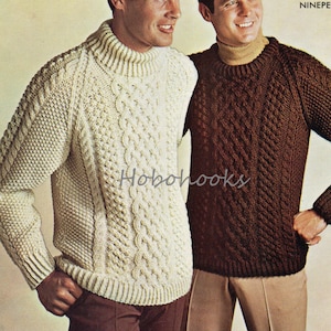 mens chunky aran sweater knitting pattern pdf mans cable jumper 1960s crew neck polo neck 40-44 inches Chunky bulky PDF instant download