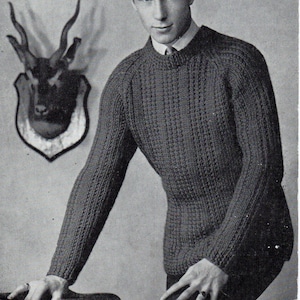 vintage mens sweater knitting pattern pdf mens rib crew neck jumper 34-40 inch chunky bulky 12ply pdf instant download