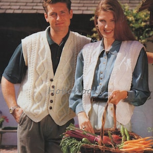 womens mens aran waistcoat knitting pattern pdf cable vest sleeveless cardigan 32-46 inch Aran worsted 10ply PDF instant download