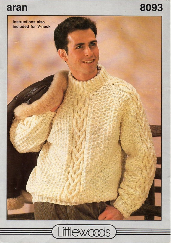 Mens aran sweater knitting pattern pdf mens cable jumper crew Etsy