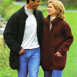 womens mens jacket knitting pattern pdf chunky ladies long baggy cardigan larger sizes 30-52" chunky bulky 12ply pdf instant download