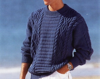 mens cable sweater knitting pattern pdf mans crew neck cable jumper 34-44" DK light worsted 8ply pdf instant download