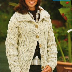 womens aran jacket knitting pattern pdf ladies cable collar cardigan aran jacket with collar 34-46&quot; Chunky Bulky 12ply instant download