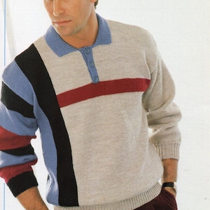 May include: A beige, blue, black, and red striped knit sweater with a button-up collar. The sweater is easy knit and has a size range of 34-44 inches.