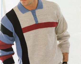 mens polo shirt sweater knitting pattern pdf mens jumper with collar colour block 34-44" DK light worsted 8ply pdf instant download