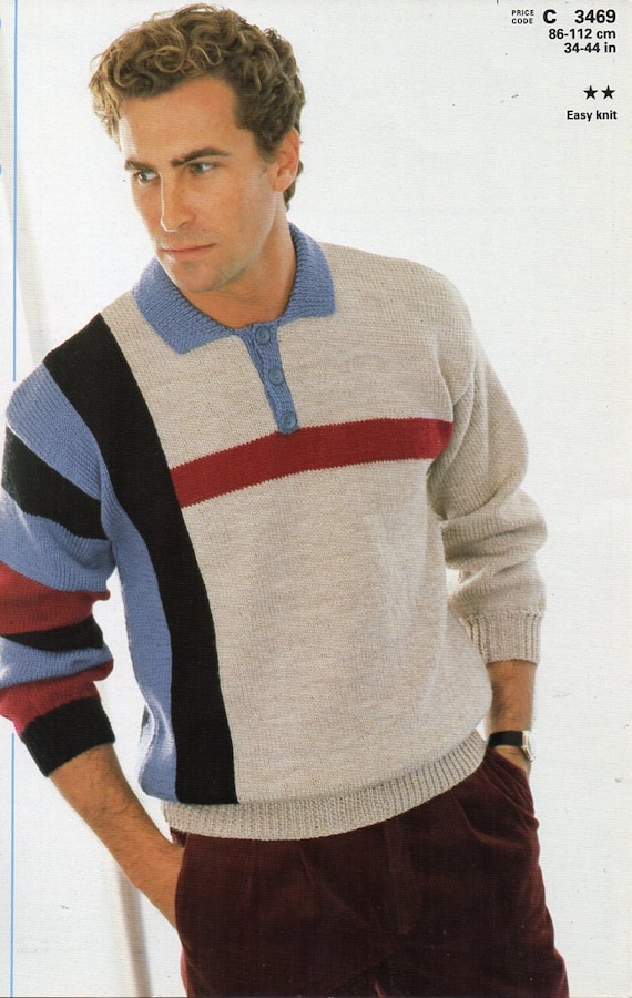 mens polo shirt sweater knitting pattern pdf mens jumper with collar colour  block 34-44