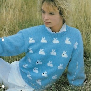 womens bunny sweater knitting pattern pdf ladies bunny motif jumper rabbit 30-40" DK light worsted 8ply pdf instant download