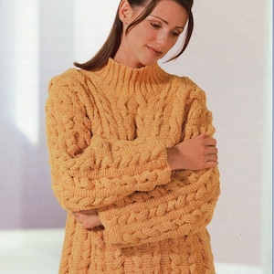 womens cable sweater knitting pattern pdf download ladies high neck jumper long line 30-44&quot; Chenille DK light worsted 8ply instant download
