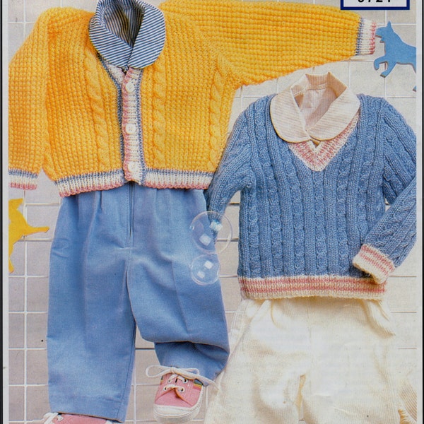 baby cable cardigan sweater knitting pattern pdf DK cricket jumper striped border 18-22" DK light worsted 8ply PDF instant download