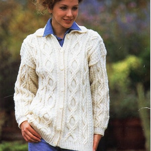 womens aran cardigan knitting pattern pdf ladies cable jacket collar 30-42&quot; aran worsted 10ply PDF Instant Download