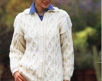 womens aran cardigan knitting pattern pdf ladies cable jacket collar 30-42" aran worsted 10ply PDF Instant Download