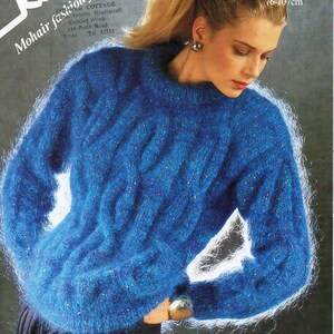 Mohair Cable Sweater Knitting Pattern, Round Neck Jumper (PDF Download)