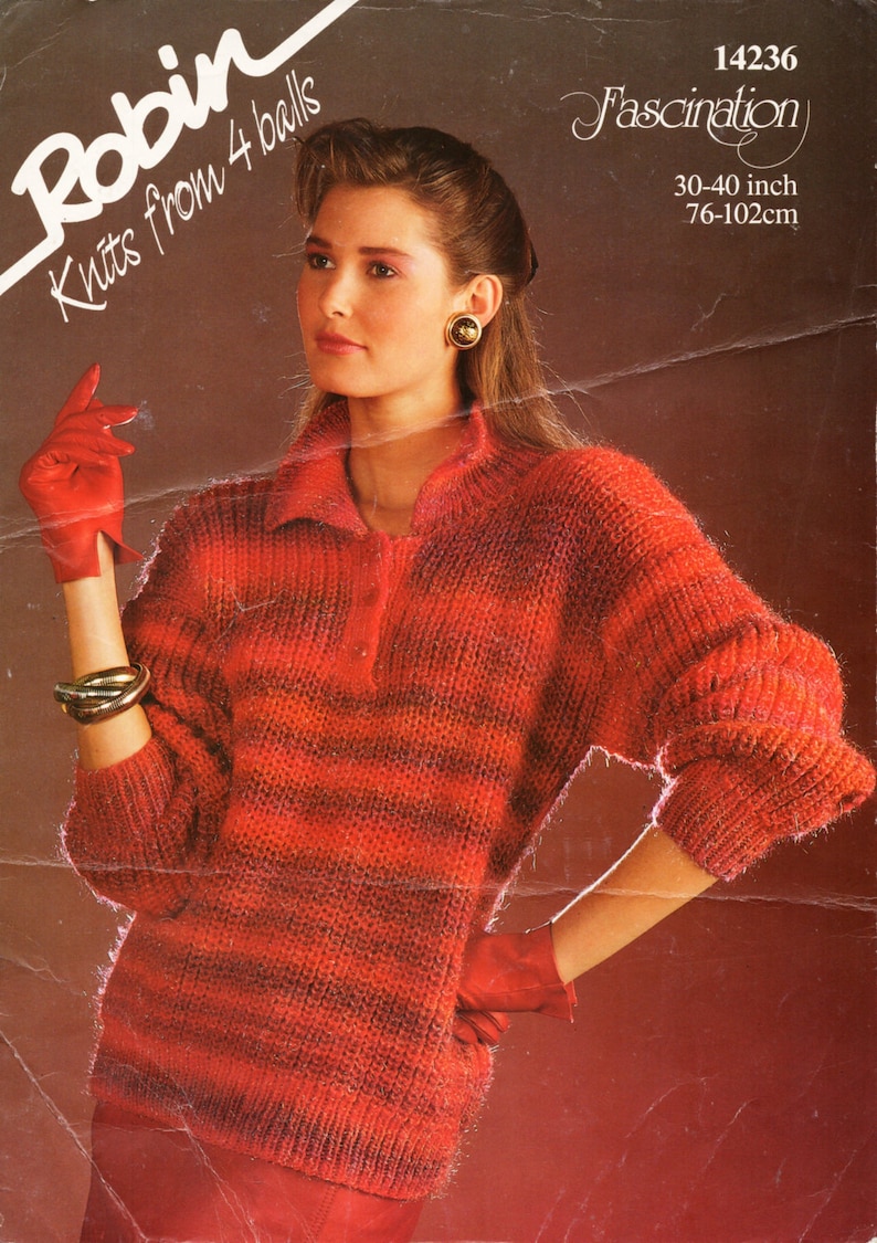 May include: A red and black striped knitted sweater with a collared neckline and button closure. The sweater is knit from four balls of yarn and is available in sizes 30-40 inches (76-102 cm).