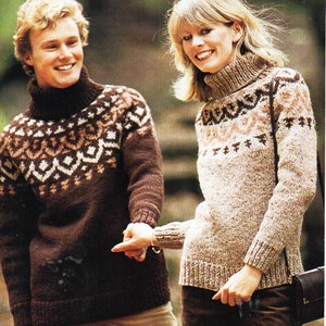 womens mens fair isle sweater knitting pattern pdf ladies fair isle yoke polo neck jumper 28-42&quot; chunky bulky 12 ply pdf instant download