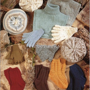 May include: A collection of knitted winter accessories, including hats, scarves, gloves, and socks. The items are in various colors, including brown, blue, red, and white. The items are arranged on a rustic background.