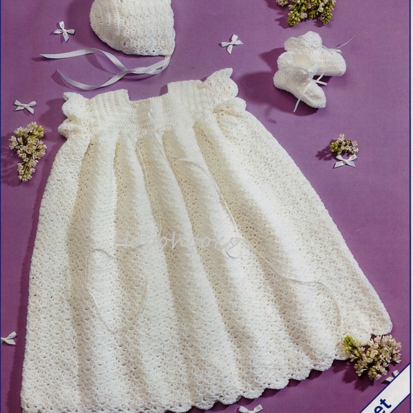 baby crochet christening dress crochet pattern pdf baptism gown dress bonnet and bootees 16" 4ply fingering PDF instant download