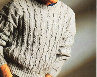 mens sweater knitting pattern pdf mens cable jumper round neck larger sizes 34-50" DK light worsted 8ply pdf instant download