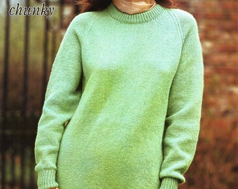 womens classic sweater knitting pattern pdf ladies round neck long raglan jumper various weights 32-46" 4ply DK aran chunky instant download