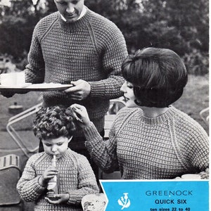 May include: A black and white photograph of a family wearing knitted jumpers. The father is holding a plate, the mother is holding a child's hair, and the child is drinking from a glass bottle. The photo is from a knitting pattern book and includes the text "GREENOCK QUICK SIX ten sizes 22 to 40".