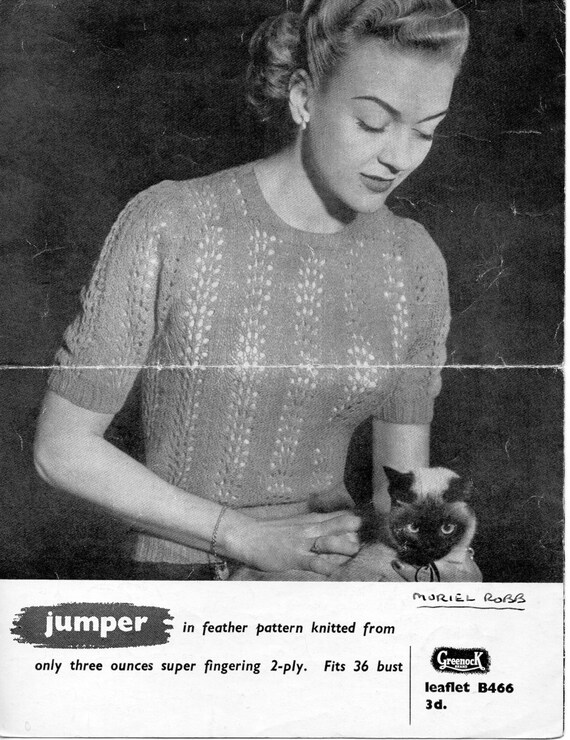 vintage womens top knitting pattern pdf ladies short sleeve sweater womens jumper vintage 1940s  36" 2ply instant download