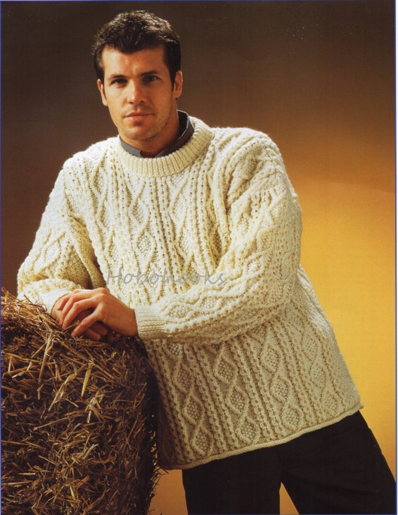 Mens aran sweater knitting pattern pdf larger sizes mens cable | Etsy